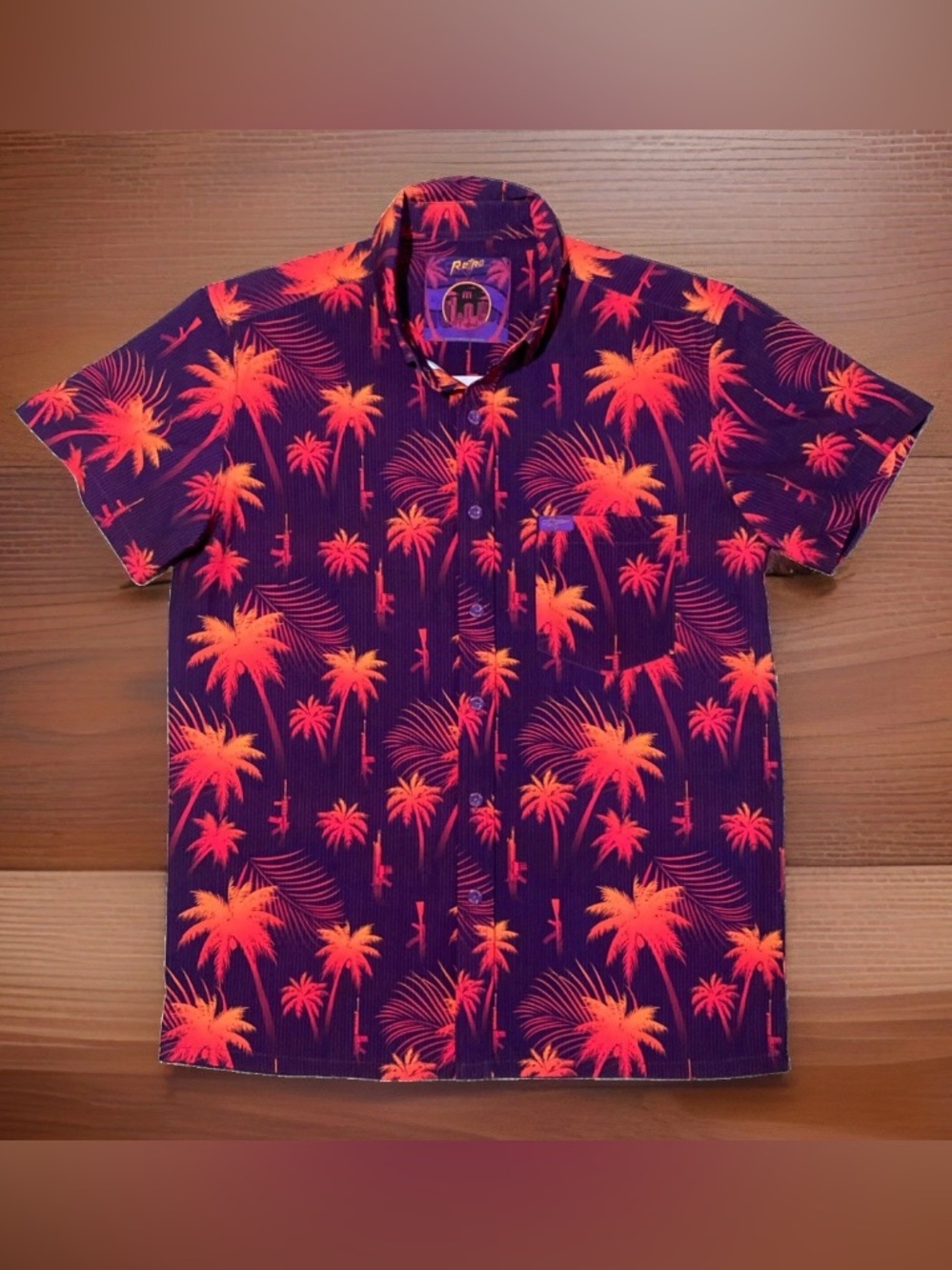 Retro Rifle Shirt Mens Medium Hawaiian Button Down Coastal Palm Vacation